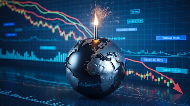 Global financial crisis concept with falling stock market graph and exploding earth