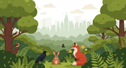 Whimsical forest scene, cartoon animals, woodland creatures, city skyline background, vector illustration © Adam