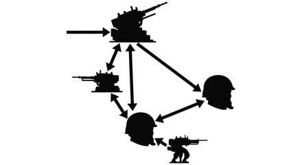 Schematic diagram of military vehicles and weaponry with directional arrows © JOHIRUL_STUDIO