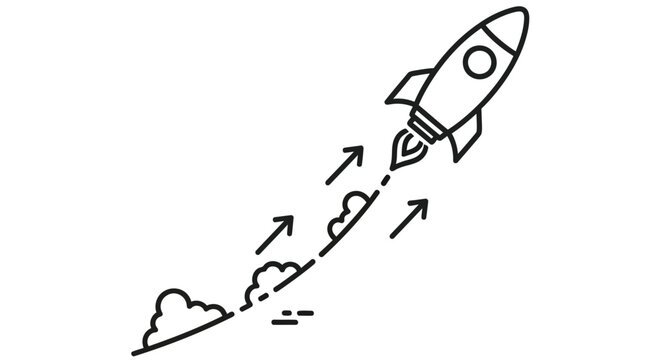 Line drawing of a rocket launching with exhaust fumes and upward trajectory