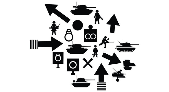 Black and white graphic depicting military symbols arrows and tank silhouettes