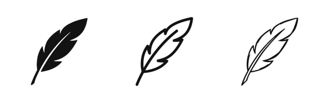 Feather icon set in solid, outline, and hand-drawn styles for writing, literature, and nature concepts.