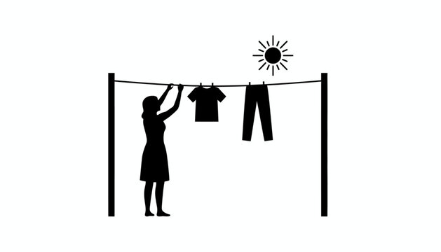 Laundry day, clothesline, silhouette illustration, black icons, household chore, daily routine, vector graphics