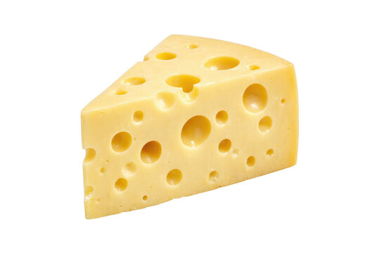 Swiss cheese wedge with characteristic holes, yellow emmental cheese slice, gourmet dairy product for cooking and appetizers isolated PNG with Transparent Background