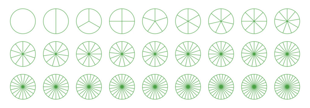 Template of green pie chart Sectors divide the circle on equal parts. Coaching blank. Segmented chart infographics. Parts of diagram wheel from 1 to 27. Outline black graphics. Set of pie charts