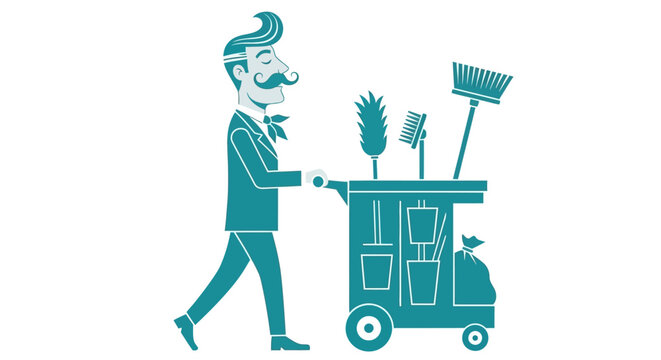 Gardener, garden tools, cartoon man, teal illustration, vector graphics, gardening equipment, lawn care