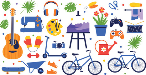 Hobby and lifestyle icons collection including music art sports gaming gardening and cycling elements in colorful flat vector style for leisure, activity, and creative design © MstSabera