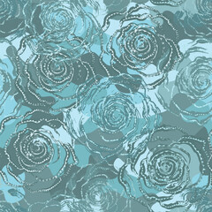 Fototapeta premium Floral camouflage pattern with roses in blue soft color palette. Contoured rose motifs on light colored irregular patches. Watercolor artistic style. For decorative textiles, fashion