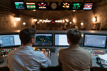 Naklejka premium Two operators monitor control panels in a dimly lit facility. They focus intently on glowing screens and buttons. Multiple monitors display complex data across the wall. The room hums with technology