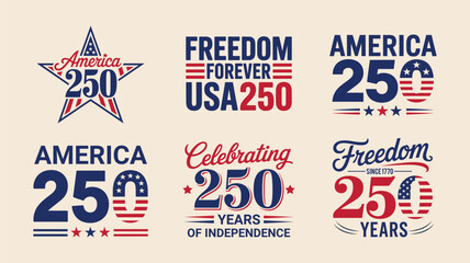Collection of America 250 years anniversary emblems with patriotic typography. © AdhirChandra