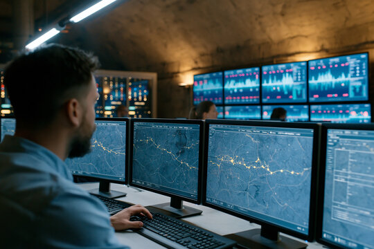 Focused analyst monitors data streams across multiple screens. Hands rest on keyboards, eyes fixed on digital displays. Background screens pulse with real-time analytics and network maps