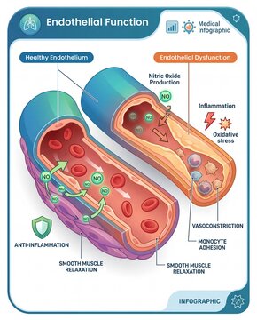 Exploring Endothelial Function and Dysfunction A Detailed Visual Comparison of Healthy Blood Vessels and Vascular Impairment Mechanisms
