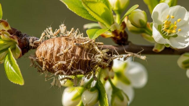 Animal - Praying Mantis Nymphs Hatching from Ootheca Egg Case on Flowering Spring Tree Branch