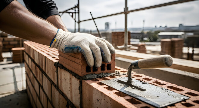 Close up of bricklayer hand laying bricks with trowel on building site