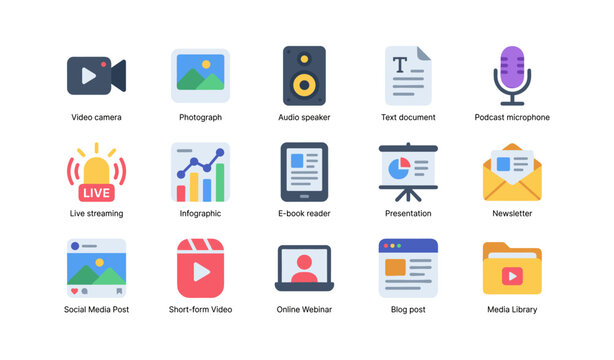 Media and content icons showing formats and publishing tools