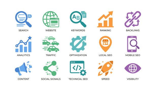 Search engine optimization icons representing seo concepts on white