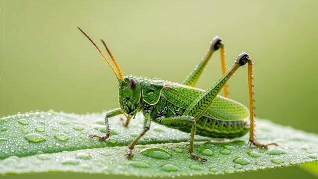 Animal - Vibrant Green Grasshopper Perched on Dew Covered Leaf with Intricate Wing Patterns Close Up