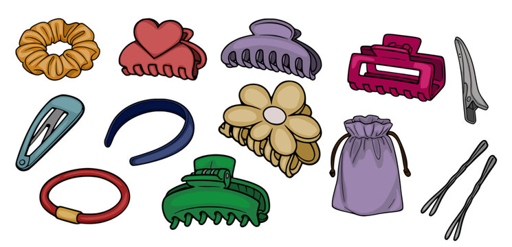Vibrant vector collection of diverse hair accessories, including claw clips, scrunchies, headbands, and hairpins.
