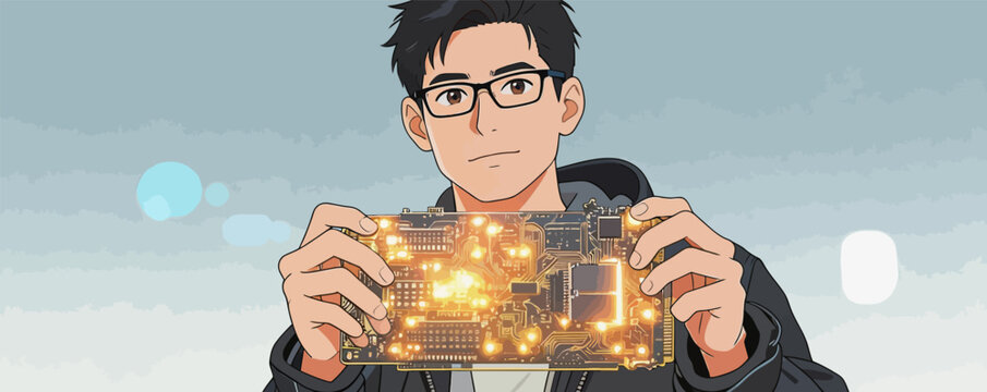 Anime style male engineer holding glowing circuit board