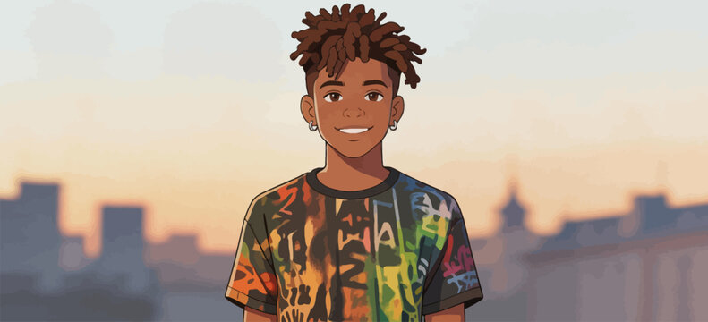 Smiling Young Black Male Character with Dreadlocks in Urban Sunset