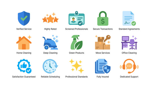 Service and cleaning icons depicting features and benefits on white