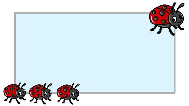 Cute ladybug cartoon frame template. Red ladybugs crawling around a blank light blue rectangular board. Vector border for kids message or school notice.