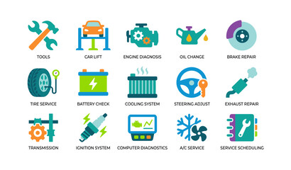 Fototapeta premium Automotive repair icons showing services and parts on white background