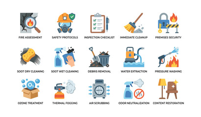Fototapeta premium Fire damage assessment and cleanup icons arranged on white background