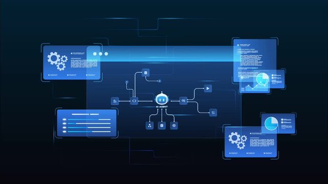 Futuristic AI automation workflow network diagram dashboard system processing flow with data pipelines, analytics chart, code modules and automation system, looped animation
