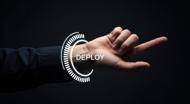 Hand pressing digital deploy button on futuristic virtual interface, for software launch, technical execution, system activation, successful start business project