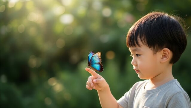 Childhood Wonder - Asian Toddler Boy Gazing at Blue Morpho Butterfly Perched on Finger Outdoors