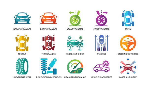 Vehicle alignment icons showing camber caster steering on white