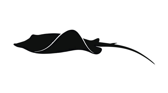 Black silhouette of a stingray swimming in the ocean with white outline on plain background