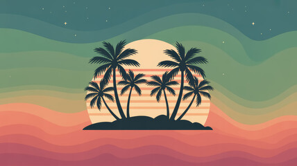 Fototapeta premium Tropical island with palm trees silhouette at sunset, wavy colorful sky background, retro aesthetic, summer beach landscape, flat