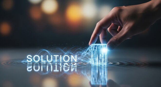 Human hand touching glowing digital cube word solution on reflective water surface, for innovative problem solving, strategic business growth technical success
