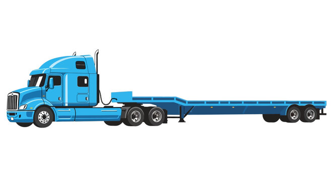 Blue semi-truck, lowboy trailer, vector illustration, transportation, cargo vehicle