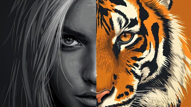 Stylized split-screen portrait of a woman in black and white side-by-side with an orange tiger illustration