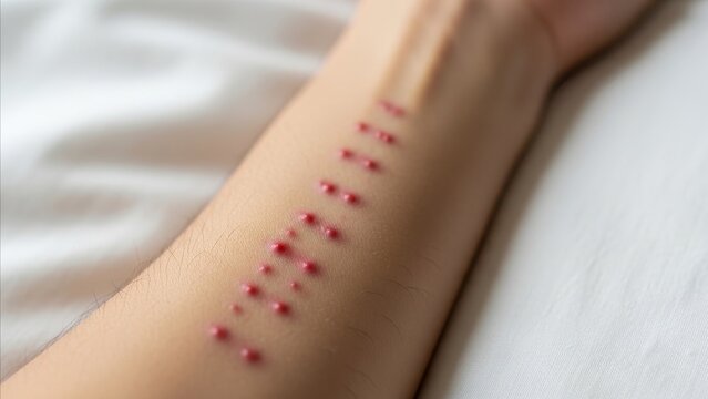 Medical - Close Up of Red Raised Skin Lesions on Human Forearm Resting on White Surface
