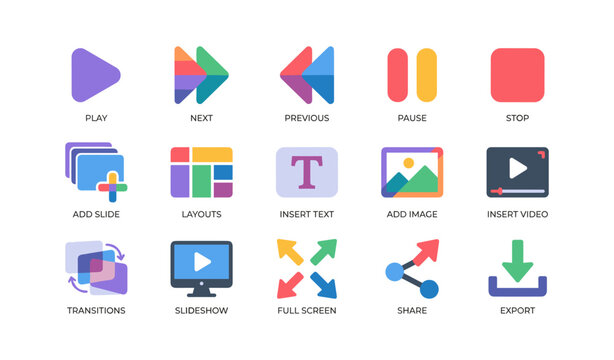 Media and presentation icons with playback and slide tools on white