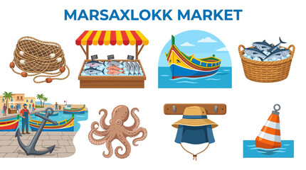 Marsaxlokk Market Malta Fishing Village Scene with Boats and Seafood. © zyaa