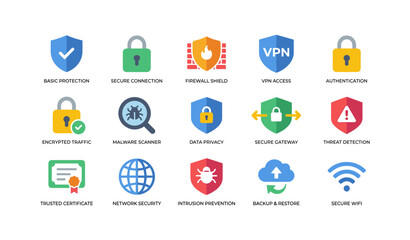 Fototapeta premium Cybersecurity and network protection icons on white background