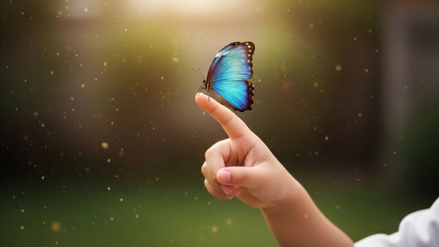 Nature - Blue Morpho Butterfly Perched on Child Fingertip with Bokeh Green Background and Golden Light Particles