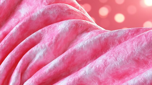 Pink faux fur texture with soft folds and fabric waves. Luxurious textile background design for fashion or interior decor. Abstract material with smooth curves and blurred bokeh light.