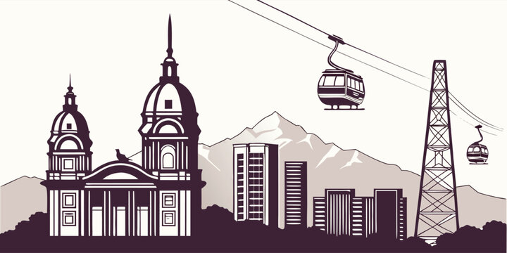 Medell&iacute;n Skyline Silhouette | Coltejer Tower & Cable Cars Vector Wall Art