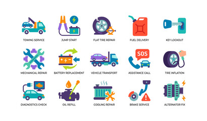 Fototapeta premium Roadside assistance icons showing vehicle services layout
