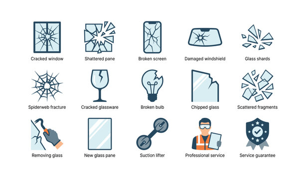 Broken glass and repair icons showing damage and service