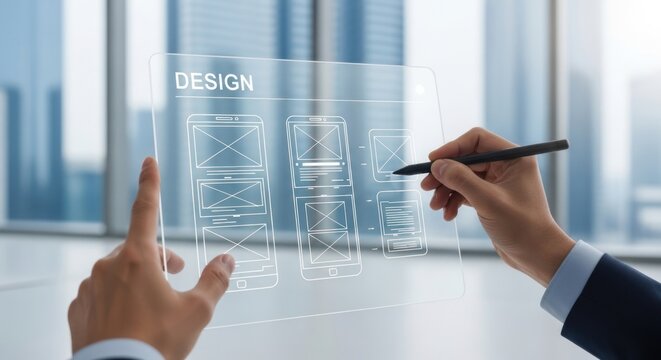 Professional designer using digital stylus to create mobile app wireframes on transparent glass screen, for innovative user interface development modern software planning
