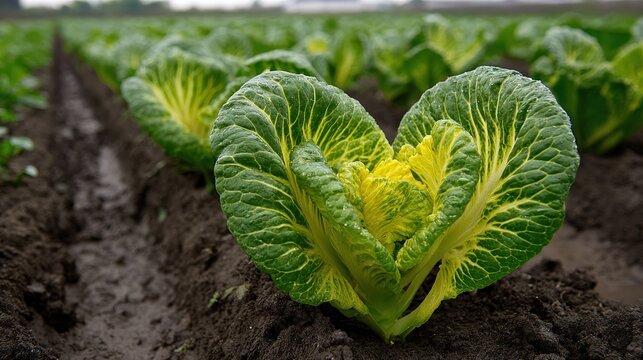 Savoy cabbage growing in rows on a cultivated farm field. Rows of organic green vegetable crops in soil. Agriculture land prepared for harvest. Sustainable farming and food production.