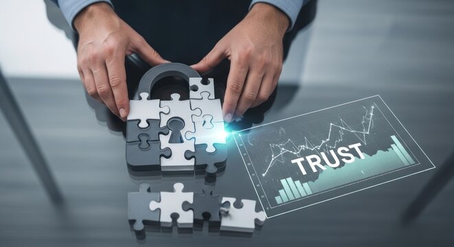 Businessman assembling puzzle shaped like secure lock, for corporate data protection, cybersecurity strategies, trust in digital systems process achieving safe solution