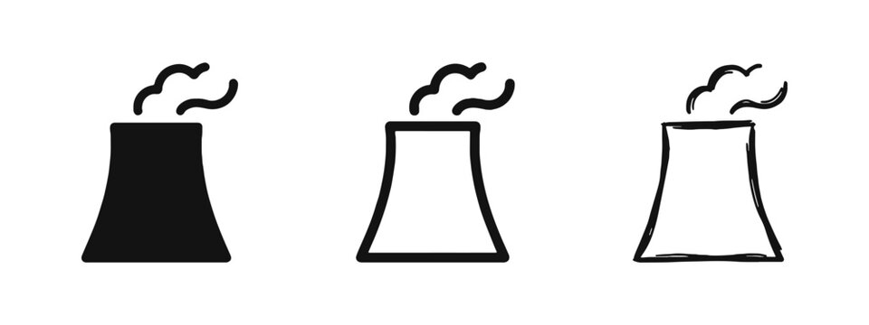 Industrial Cooling Tower Icon Representing Energy and Pollution in Various Graphic Styles